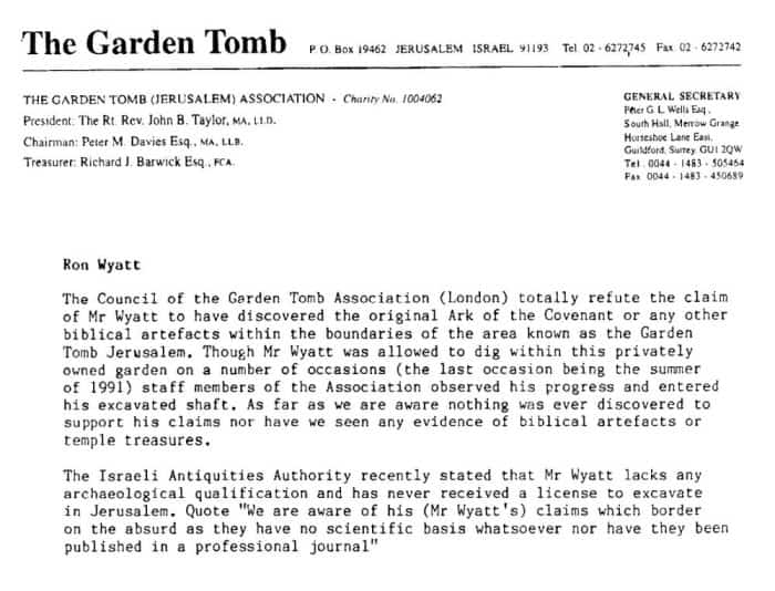 A letter from the Garden Tomb renouncing Ron Wyatt.