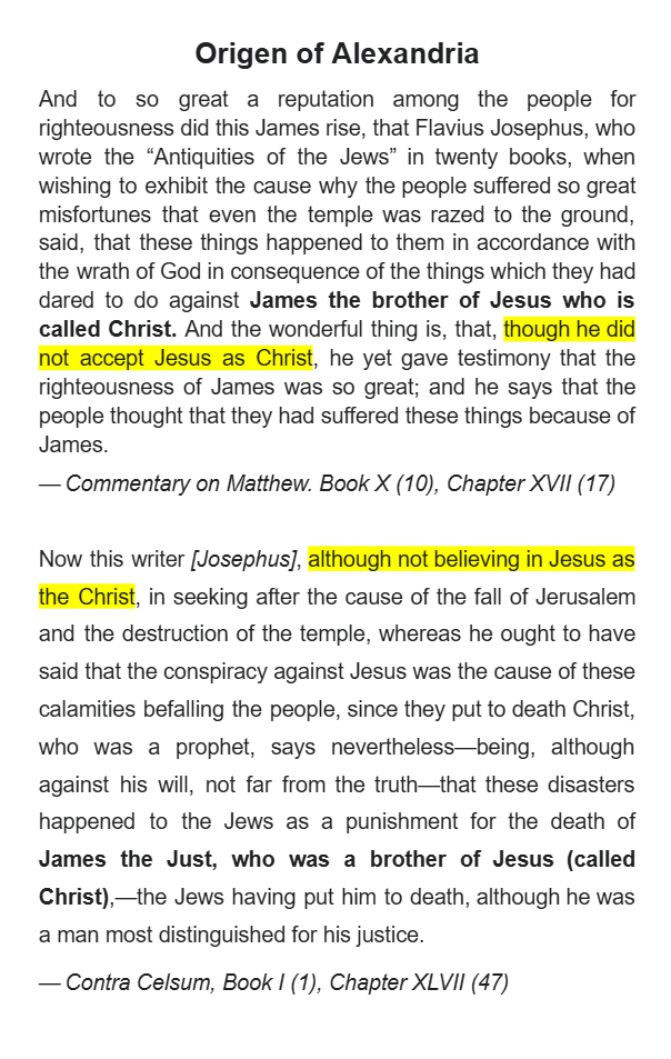 Two passages from Origen stating Josephus didn't accept Christ.